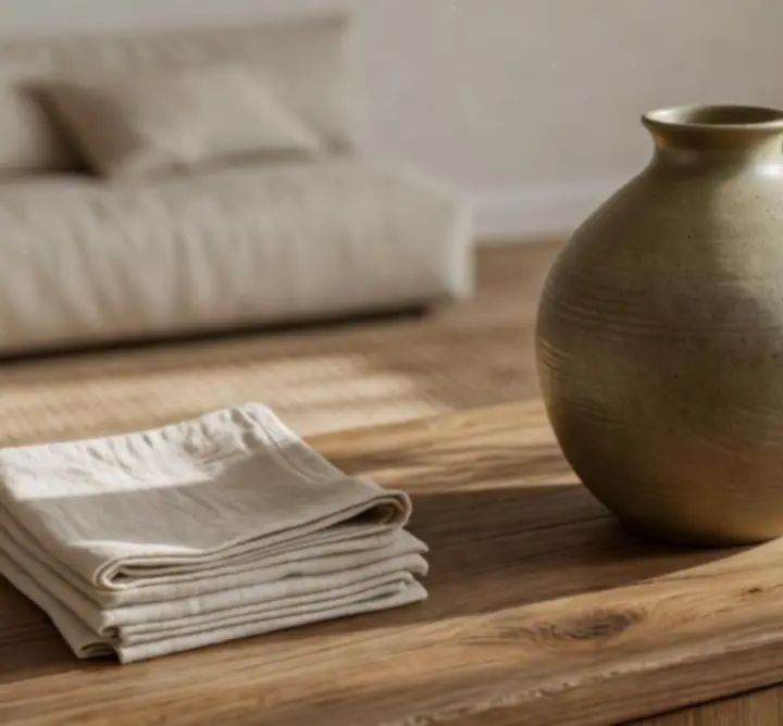 Zbliżenie na kamionkowy wazon w oliwkowych odcieniach oraz plecione dodatki