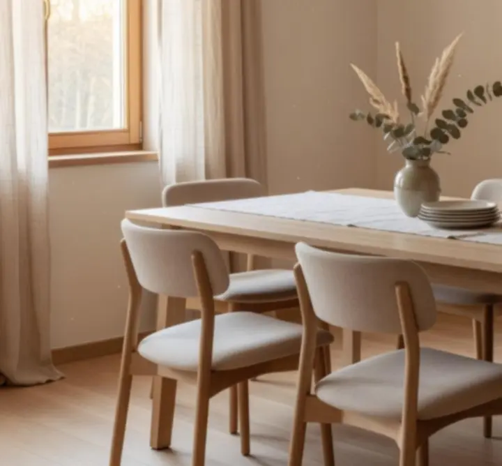 Nowoczesna jadalnia z drewnianym stołem, lnianymi tekstyliami i subtelnymi dekoracjami