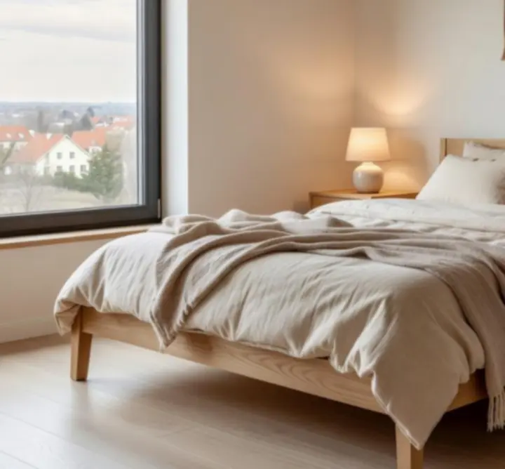 Przytulna sypialnia z naturalnymi tkaninami i ciepłym oświetleniem