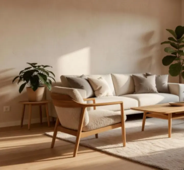 Elegancki, przytulny salon w ciepłej, naturalnej kolorystyce
