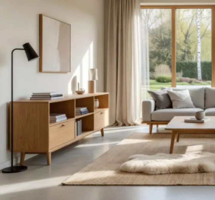 Przytulny salon z nowoczesnymi meblami i naturalnymi dodatkami