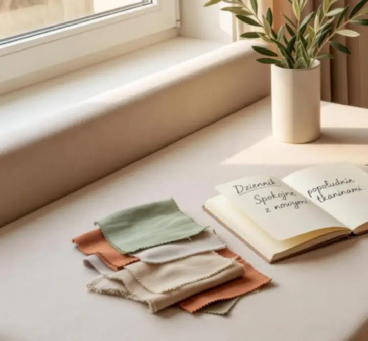 Eleganckie biurko z notatnikiem, świecą i tekstyliami w ciepłych, naturalnych tonach.