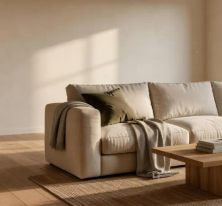 Jasny salon HomeDecorr z beżową sofą, naturalnym drewnem i miękkimi tekstyliami