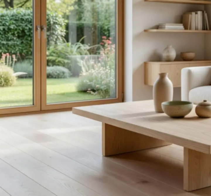 Salon z drewnianym stołem, lnianymi zasłonami i ceramiką w naturalnych odcieniach.