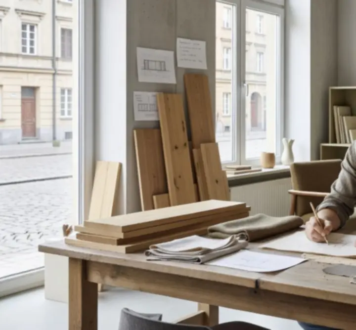Polski projektant przy stole z próbkami drewna i szkicownikiem.
