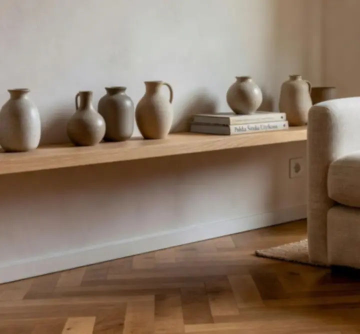 Beżowy, tapicerowany fotel wypoczynkowy na drewnianych nogach