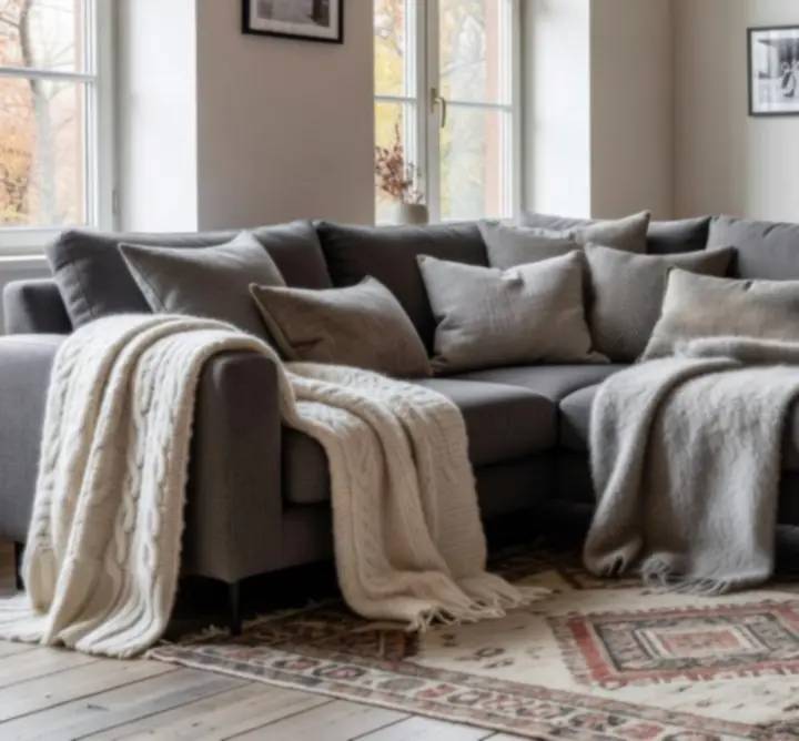 Przytulny salon z sezonowymi dodatkami, miękką sofą i ciepłym oświetleniem.