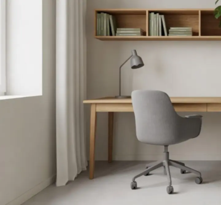 Stylowe domowe biuro w naturalnej, jasnej kolorystyce