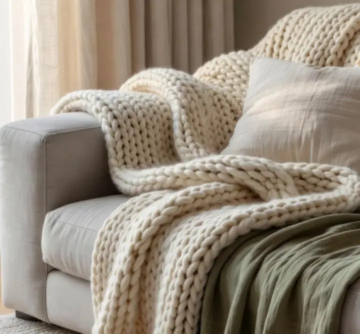 Zbliżenie na poduszki i pledy w odcieniach ecru, oliwki i jasnej szarości